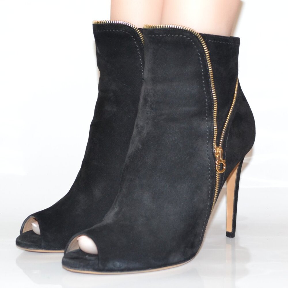 Salvatore Ferragamo Black Suede Zipper Peep Toe 'Riona' Booties SIZE 7 (EU 37)